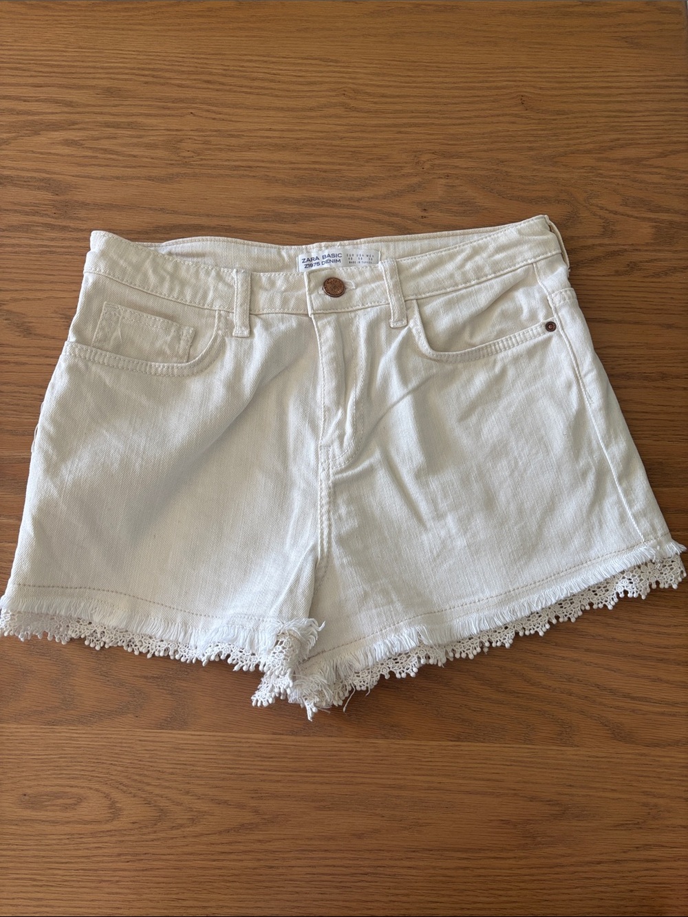Zara White Denim Lace-Trim Shorts